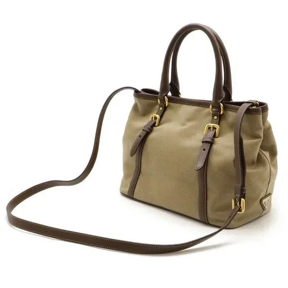 Prada Logo Jacquard Ribbon Tote 2-Way Shoulder Bag Canvas Khaki - Picture 2 of 9